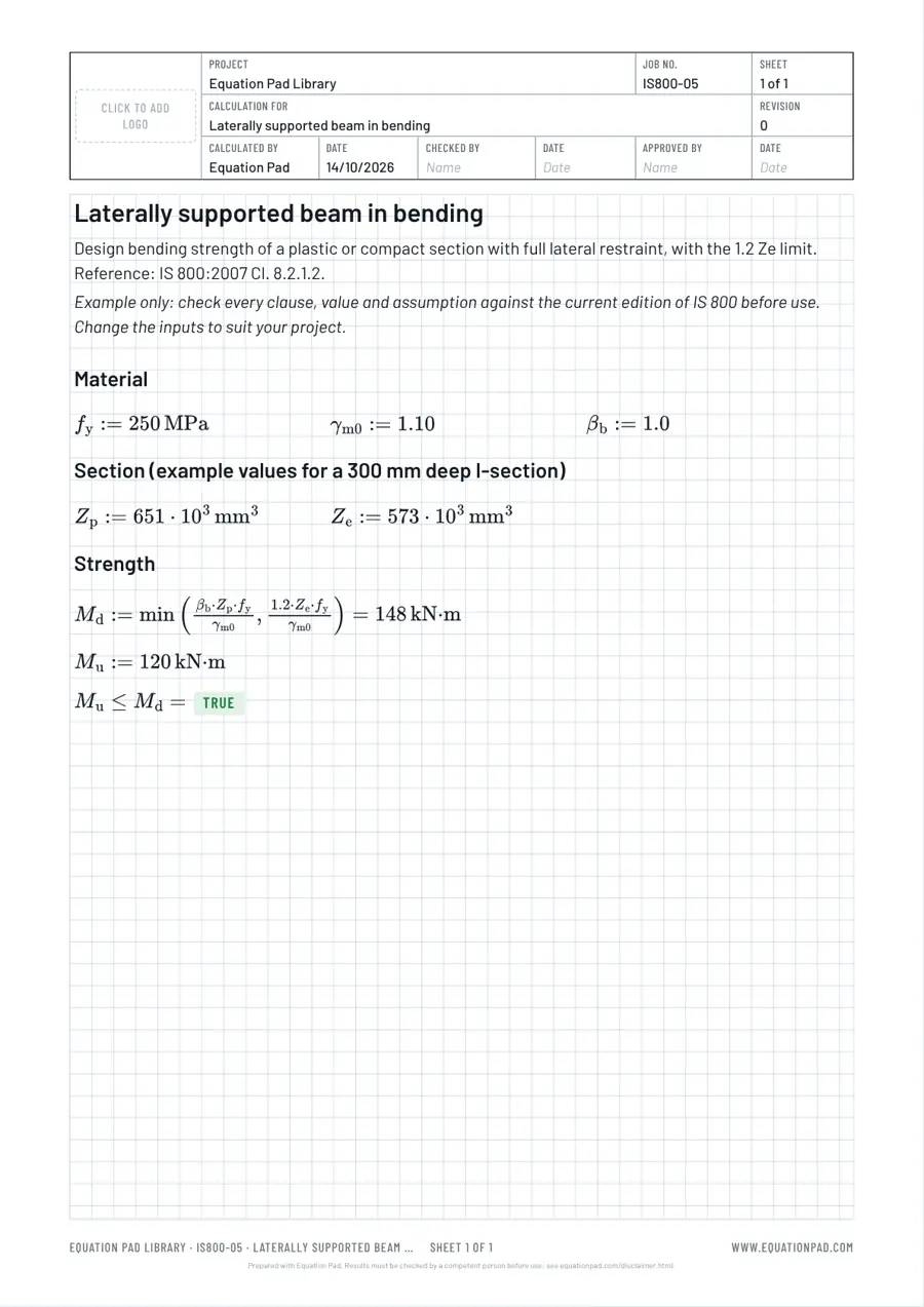 Laterally supported beam in bending: worked example sheet in Equation Pad with typeset equations and results.