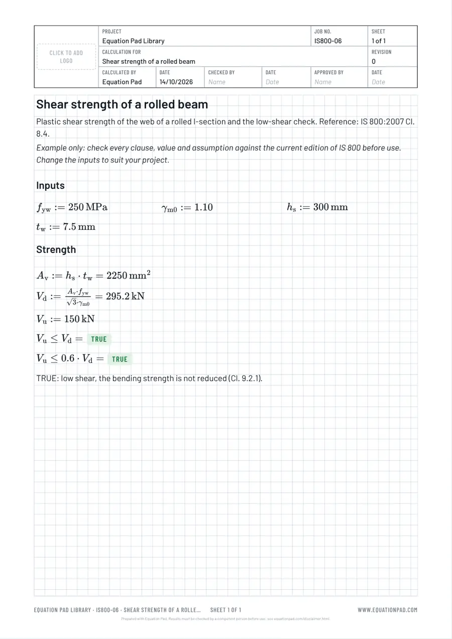 Shear strength of a rolled beam: worked example sheet in Equation Pad with typeset equations and results.