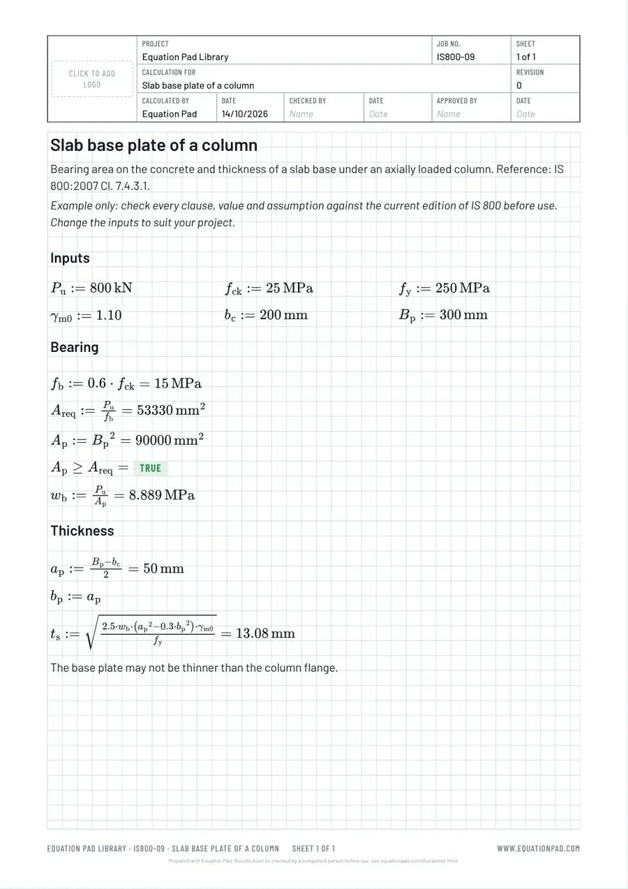 Slab base plate of a column: worked example sheet in Equation Pad with typeset equations and results.