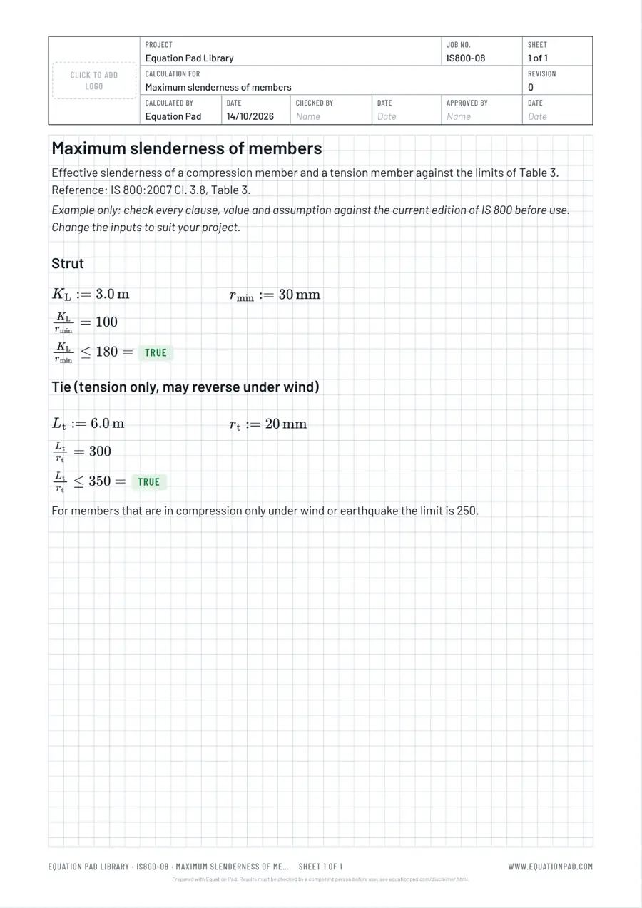 Maximum slenderness of members: worked example sheet in Equation Pad with typeset equations and results.