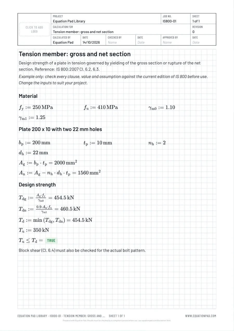 Tension member: gross and net section: worked example sheet in Equation Pad with typeset equations and results.