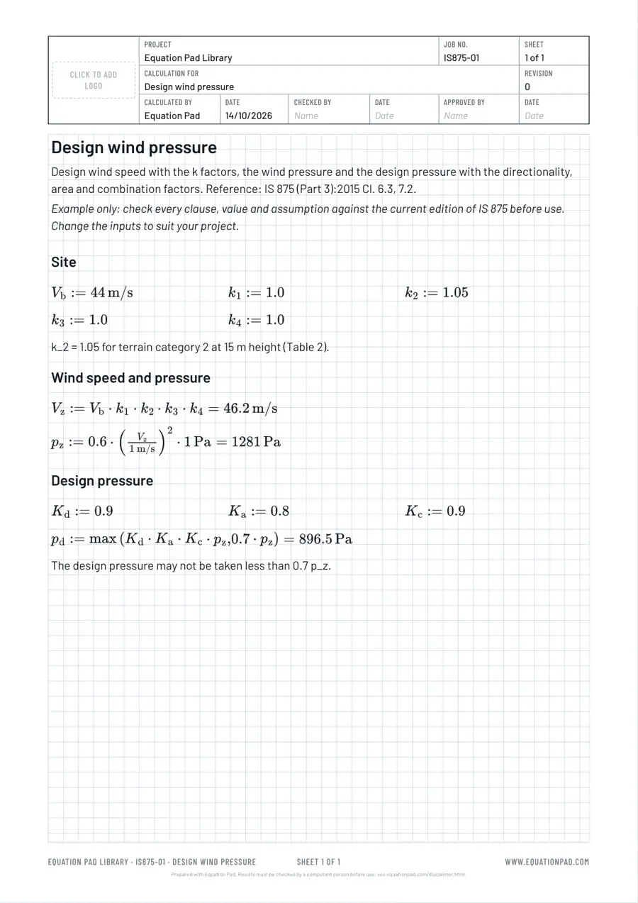 Design wind pressure: worked example sheet in Equation Pad with typeset equations and results.